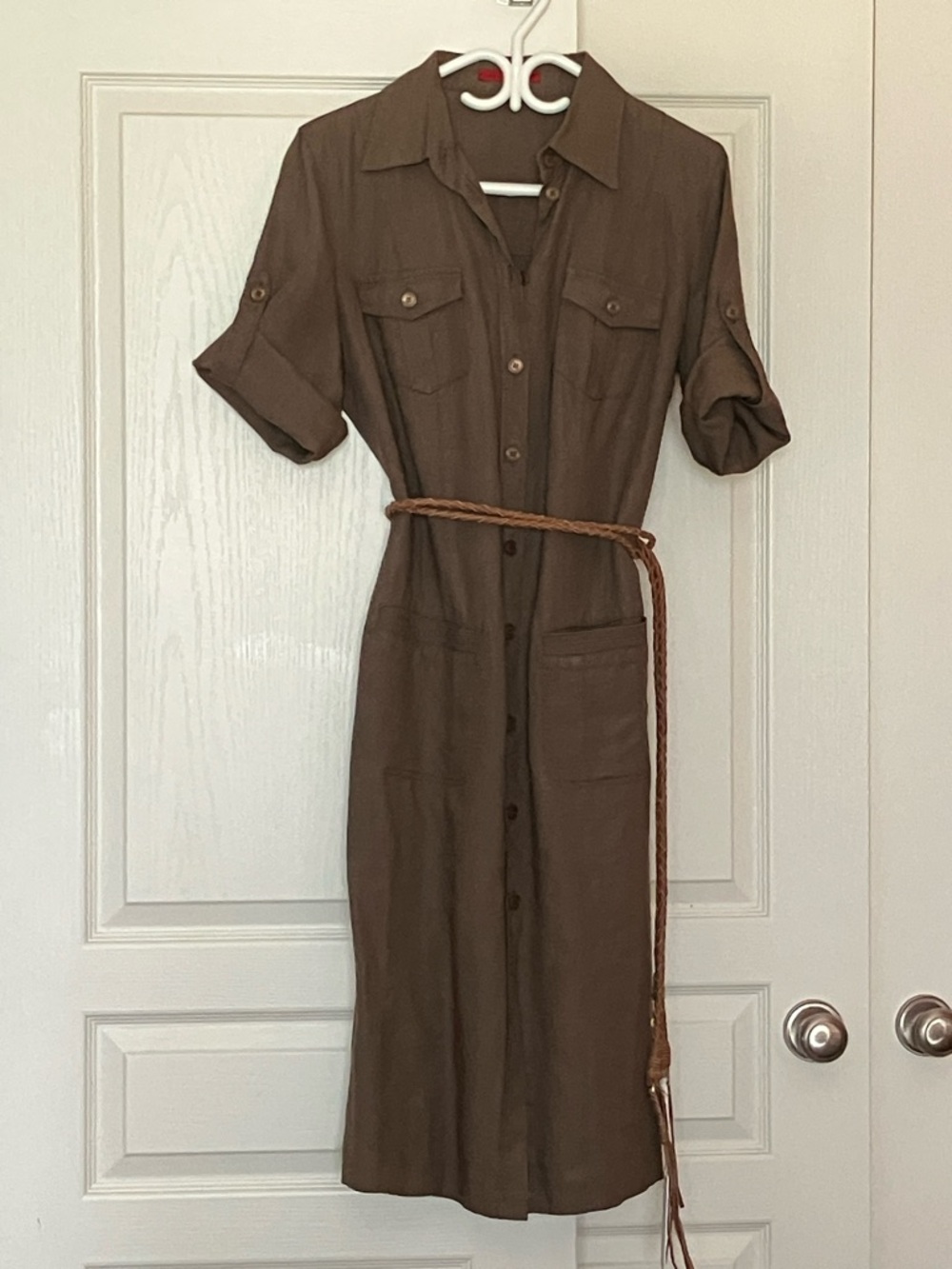 Utility-Style Brown Linen Midi Shirt Dress